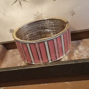 Hinged Bangle Pink White Stripes Pearlized